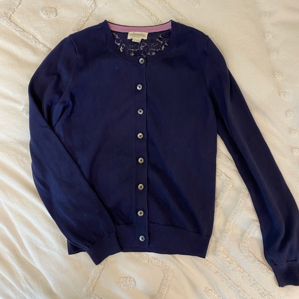 JohnnieB Navy Blue Lace Back Cardigan